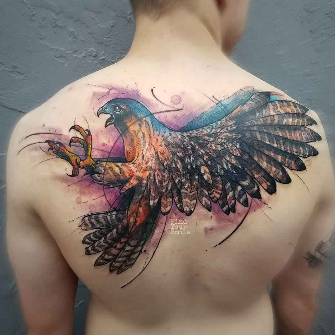 back tattoo hawk watercolor style