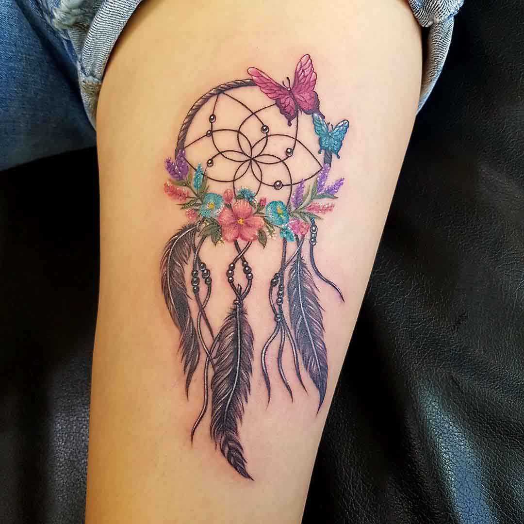 dreamcatcher tattoo with butterflies