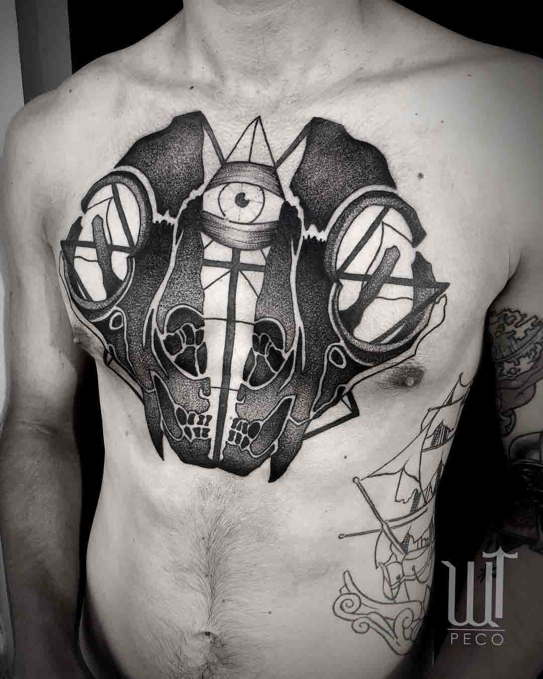 chest tattoo skull opened