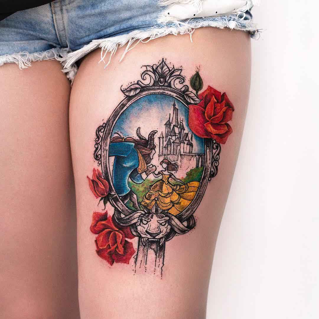 thigh tattoo Beauty and the Beast