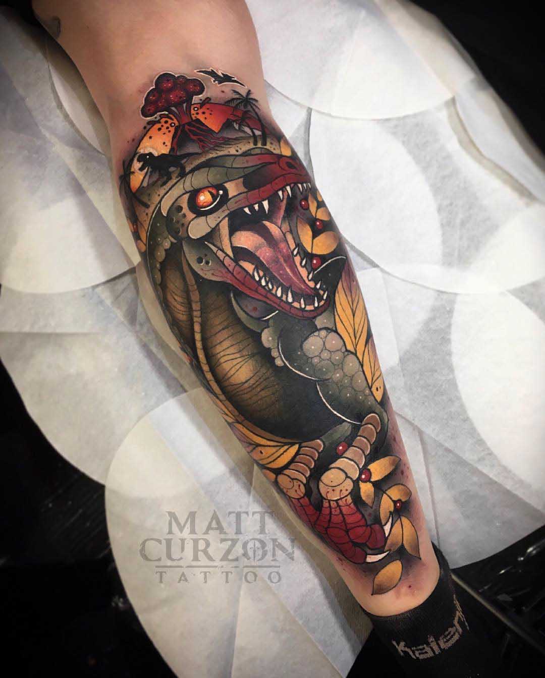 neo-traditional tattoo dinosaur