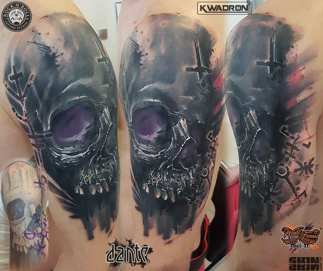 shoulder skull cover-up tattoo