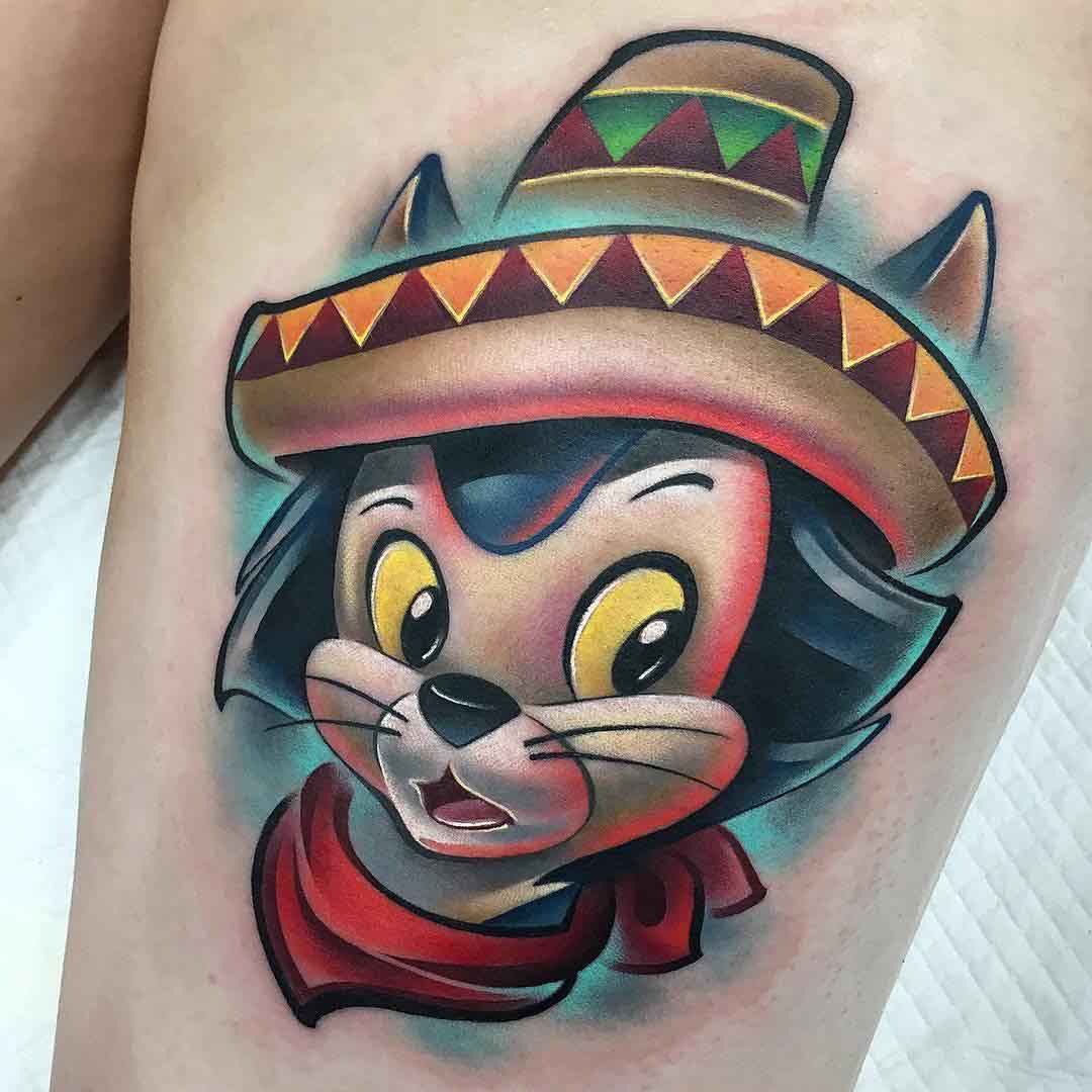 new school tattoo cat in sambrero