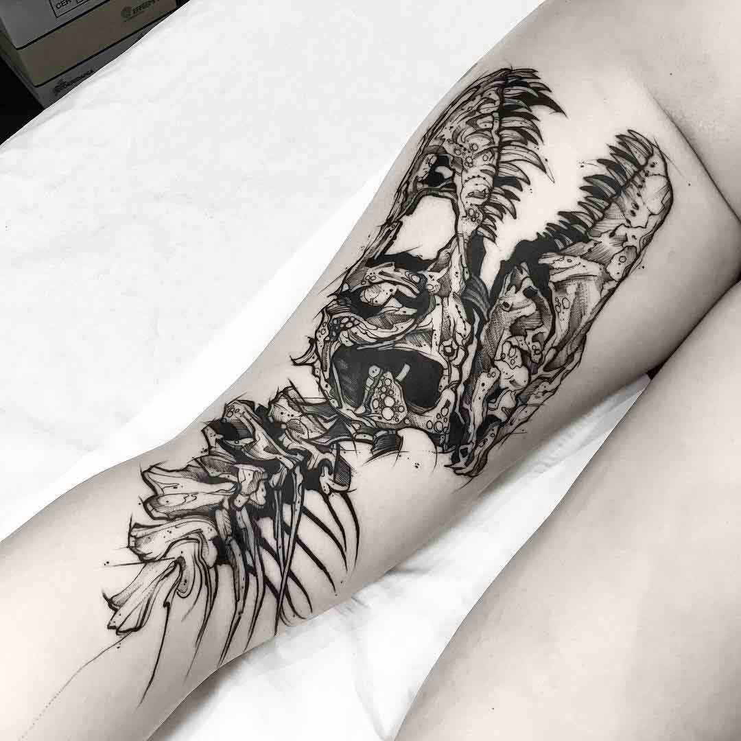 back thigh tattoo dinosaur skeleton