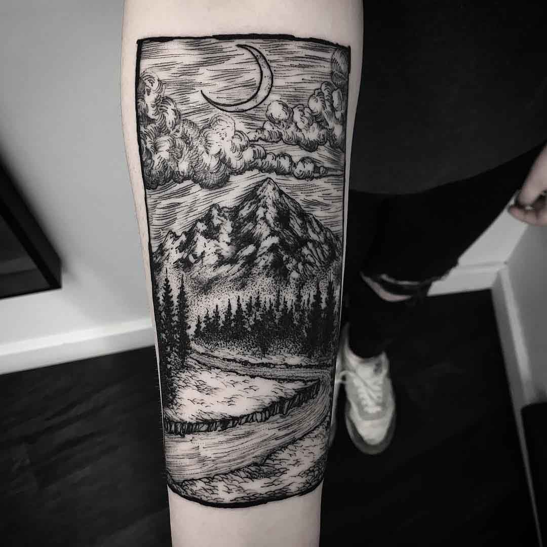 landscape tattoo etching