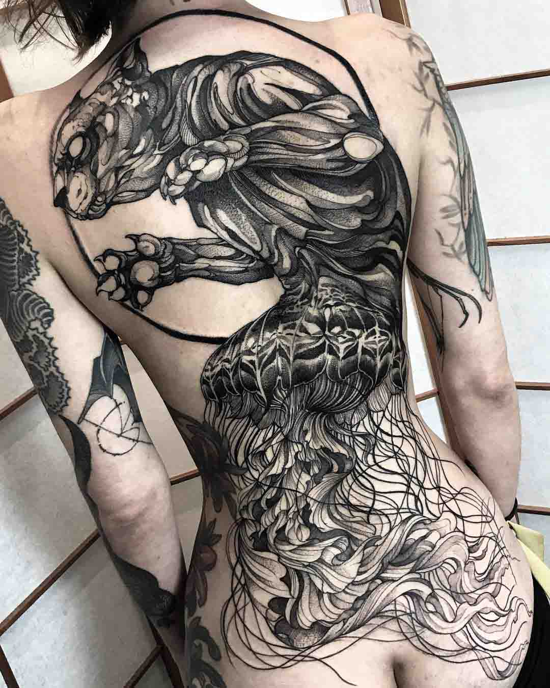 back tattoo cat evil