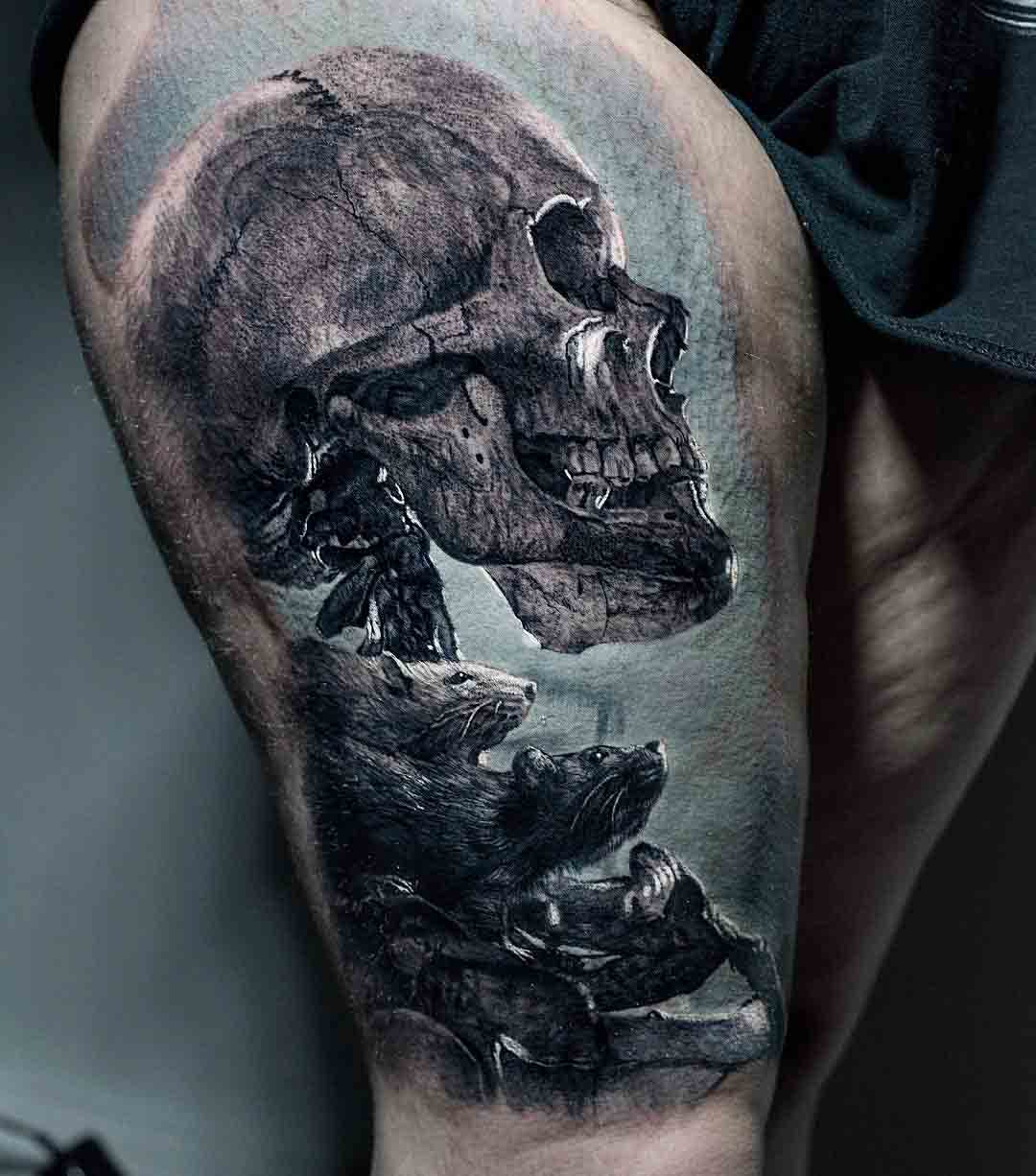 thigh tattoo skeleton realistic style