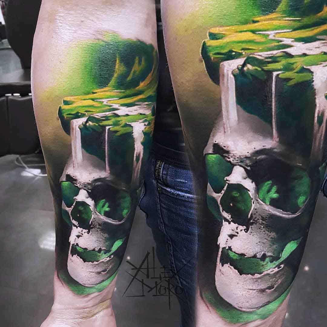 skull tattoo with waterfalls