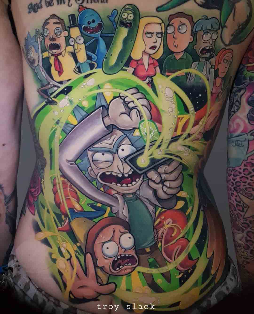 new school torso tattoo rick and morty tribute