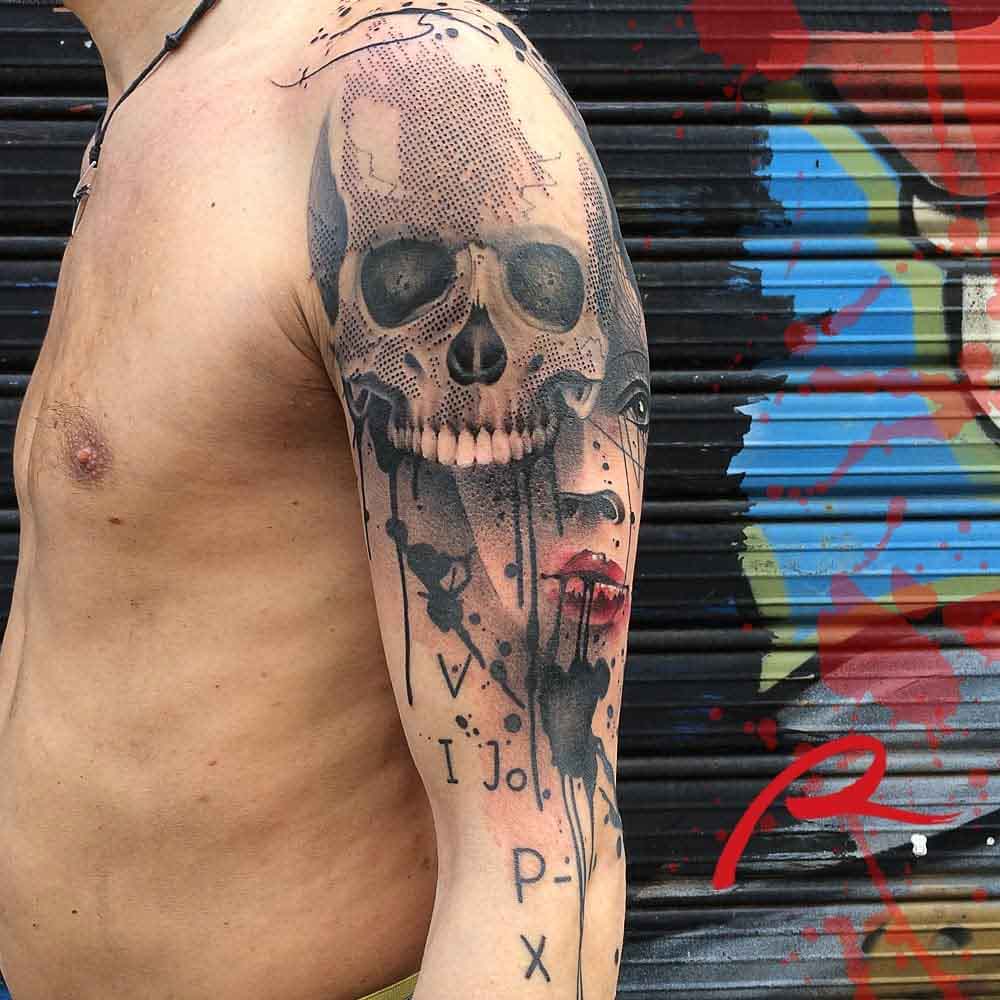 shoulder tattoo skull trash polka