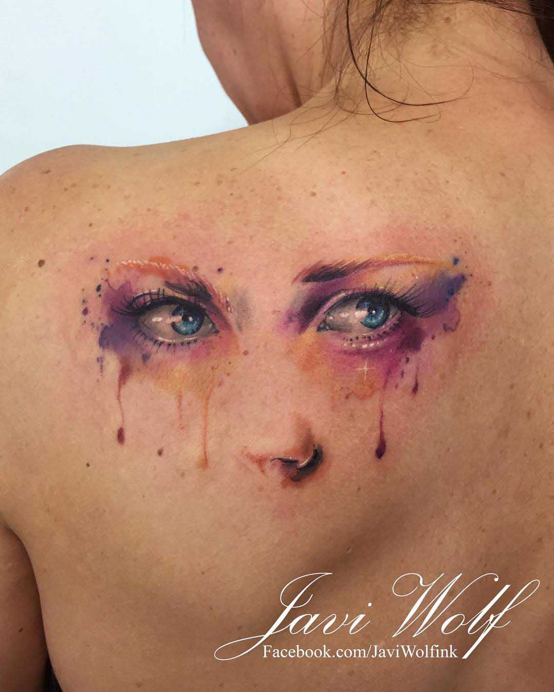 shoulder blade tattoo watercolor eyes