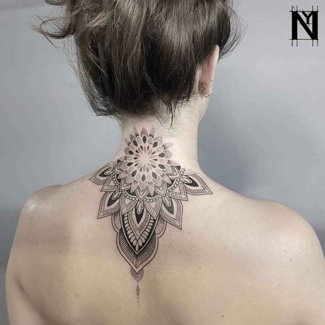 nape tattoo mandala dotwork style