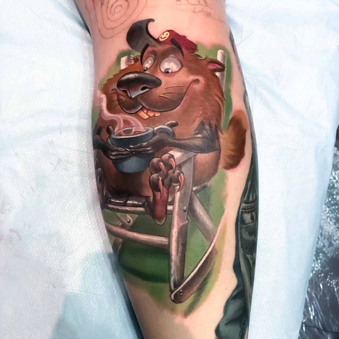 new school tattoo groundhog with coffe