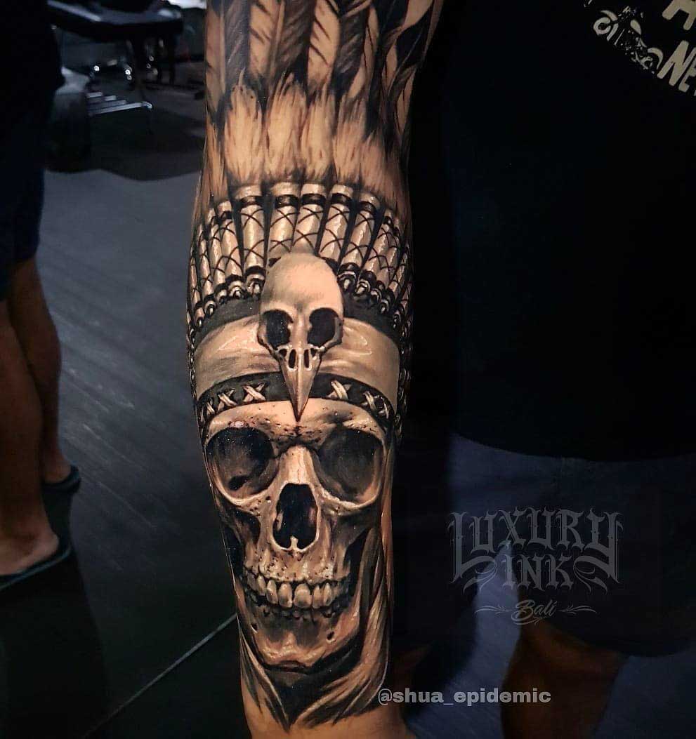 indian feathers skull tattoo