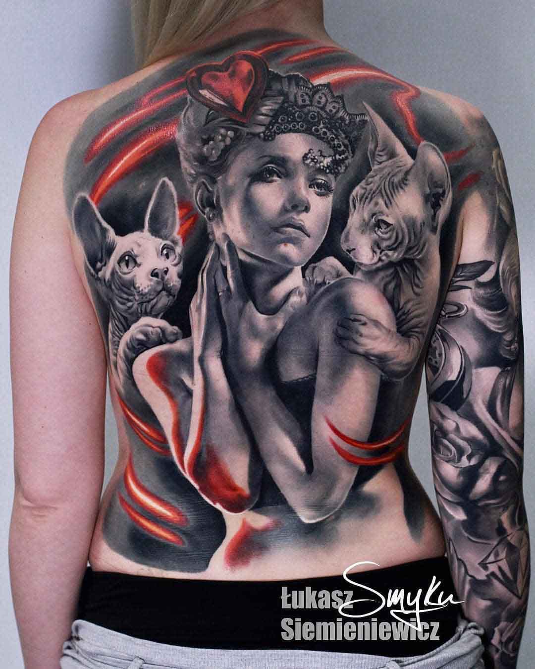 sphynx cat tattoo on back