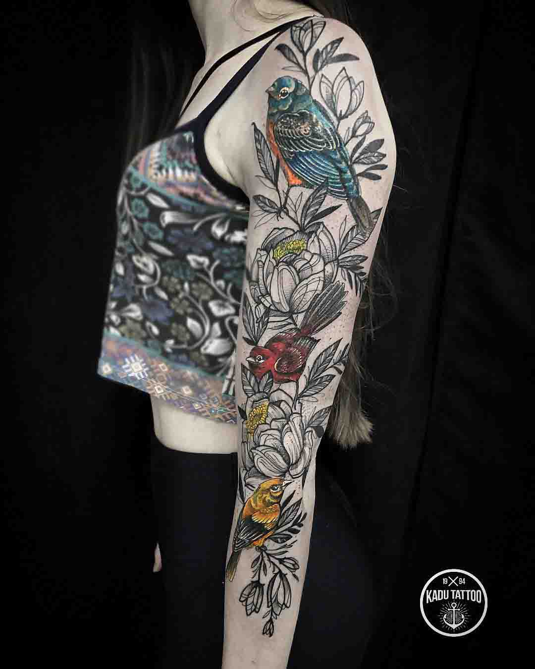 tattoo sleeve birds and flowers