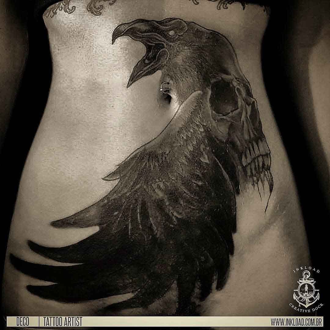 stomack tattoo raven skull