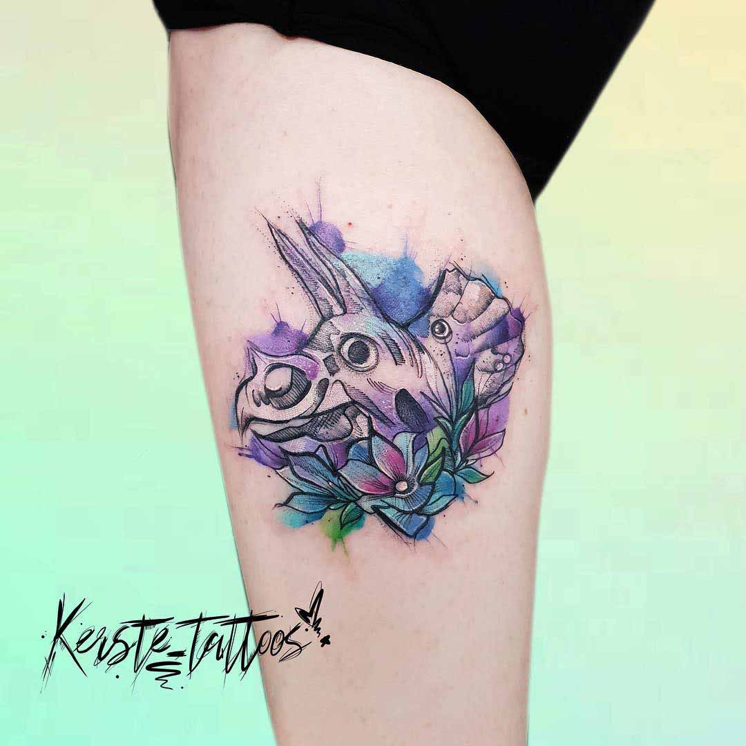 calf triceratops tattoo watercolor style