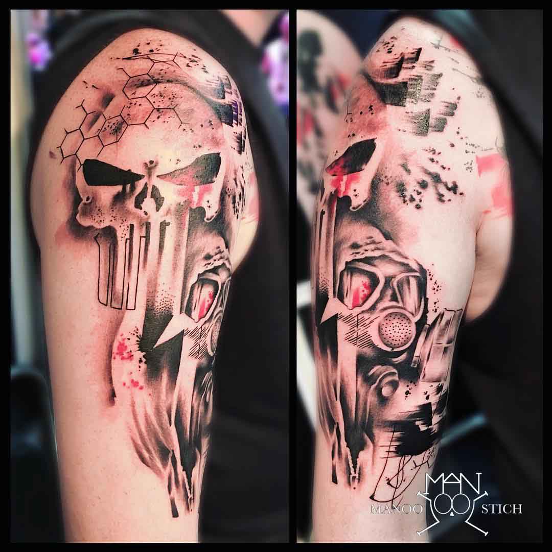 shoulder tattoo punisher trash polka style