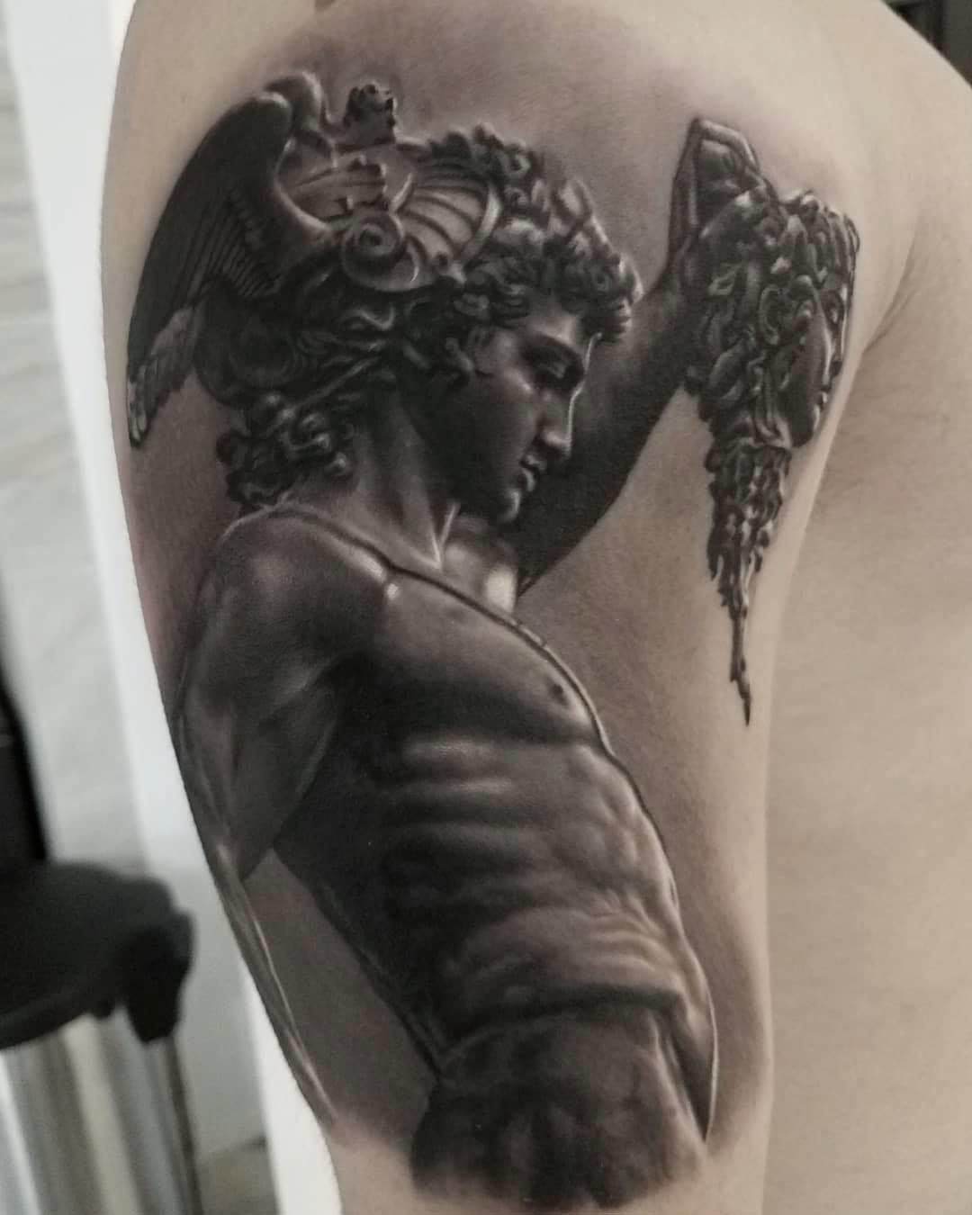 black and grey tattoo perseus tattoo with medusa head