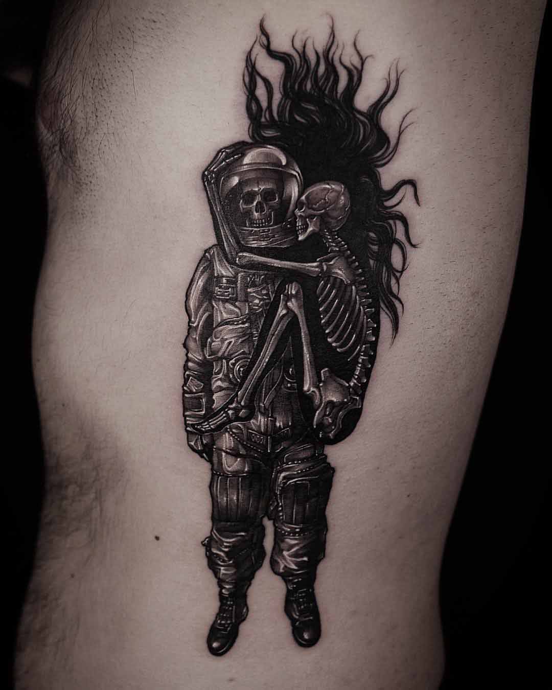 skeletons tattoo astronaut and hug