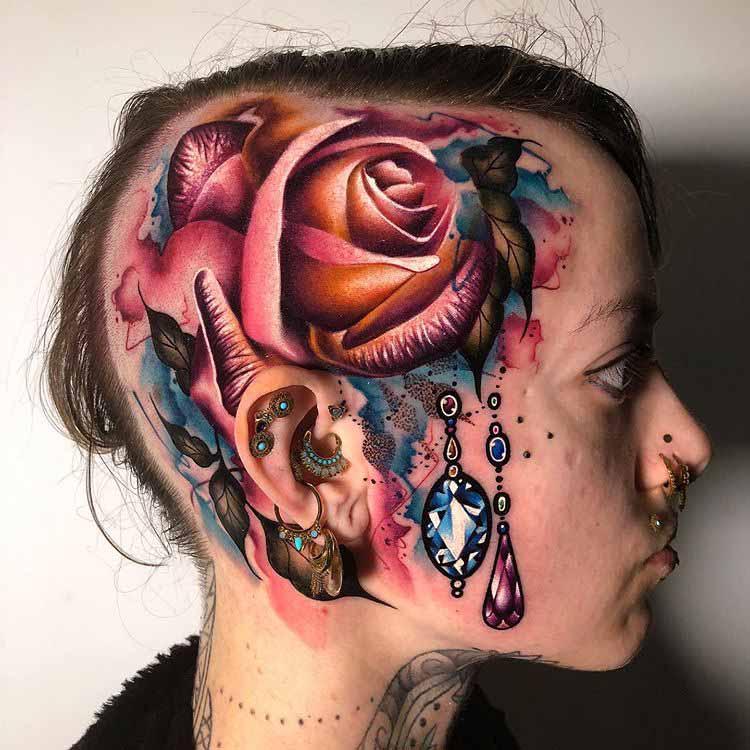 head tattoo rose an gems